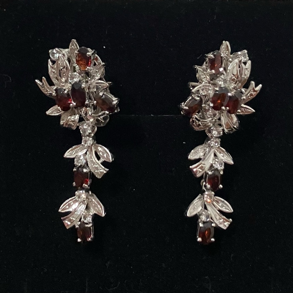 Vintage Silver Tone Garnet Drop Earrings